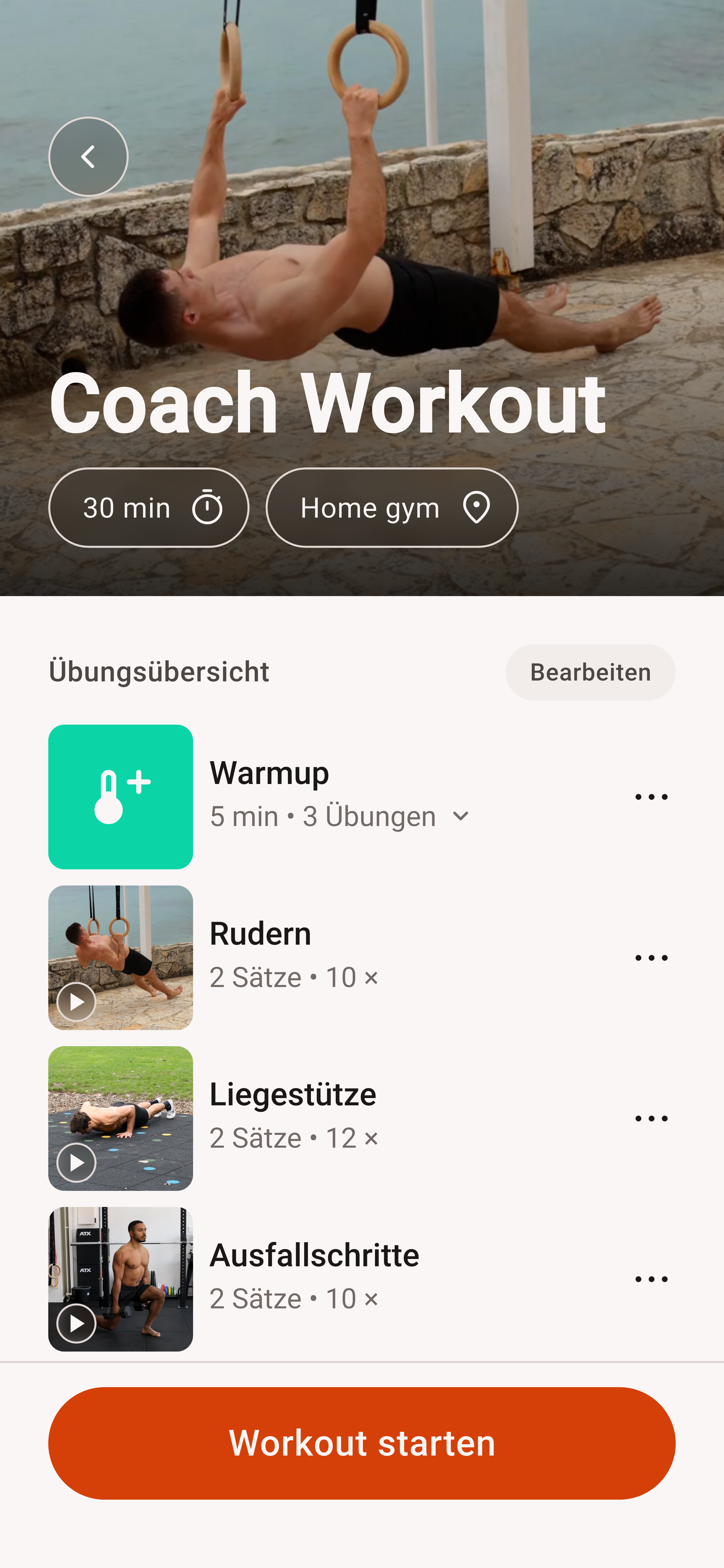 DIE RINGE App: Coach Workout mit Aufwärmen, Rudern, Liegestützen und Ausfallschritten