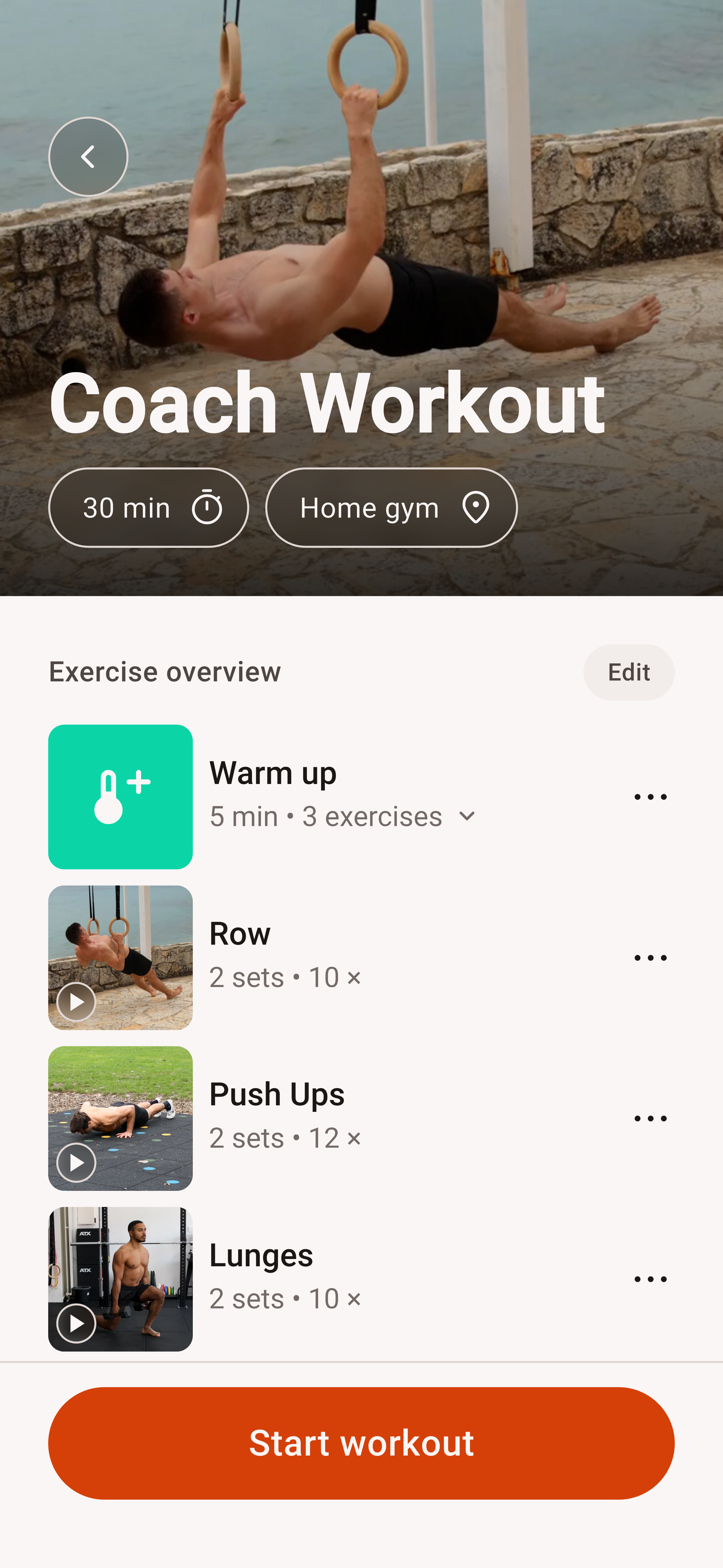 DIE RINGE app: Coach Workout with warmup, rows, push-ups and lunges