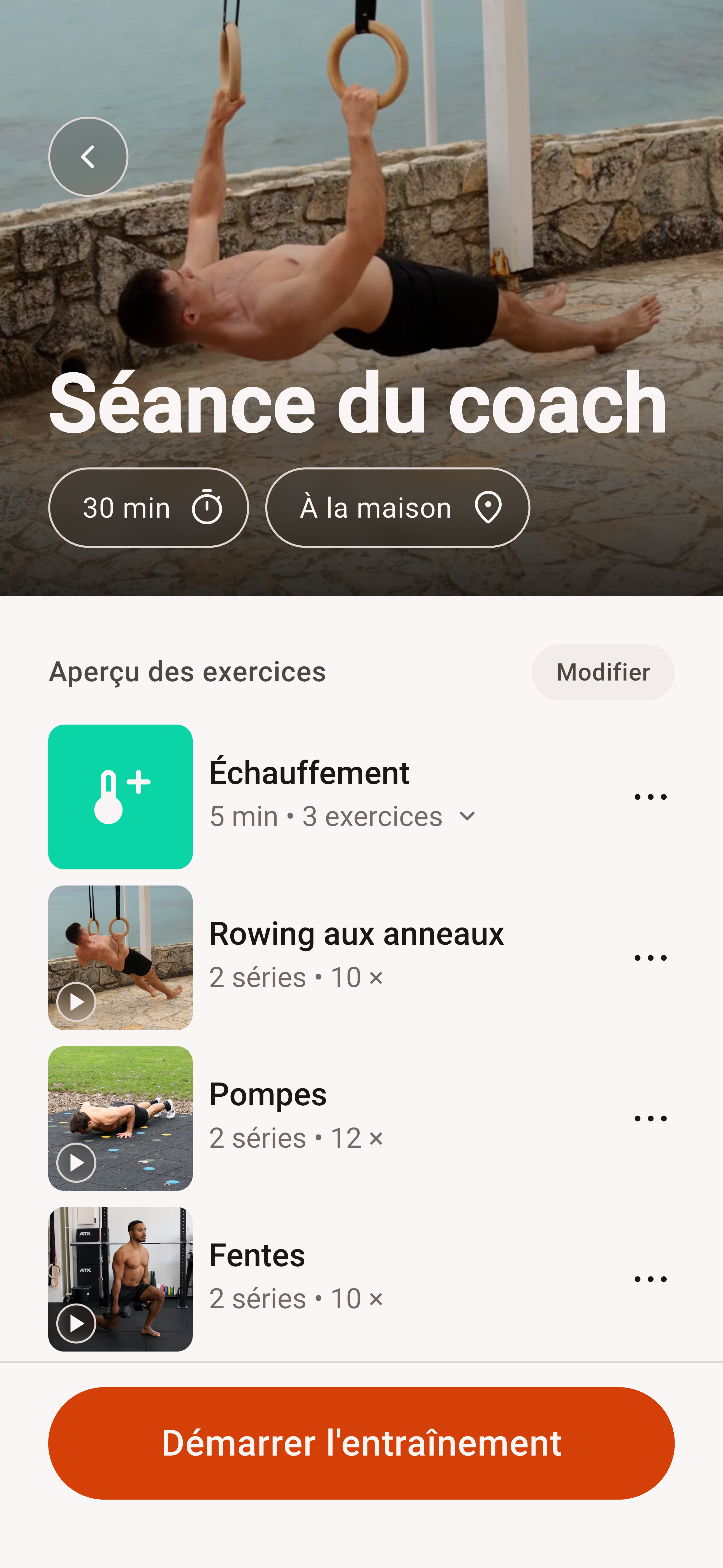 App DIE RINGE : Coach Workout avec échauffement, tirages, pompes et fentes
