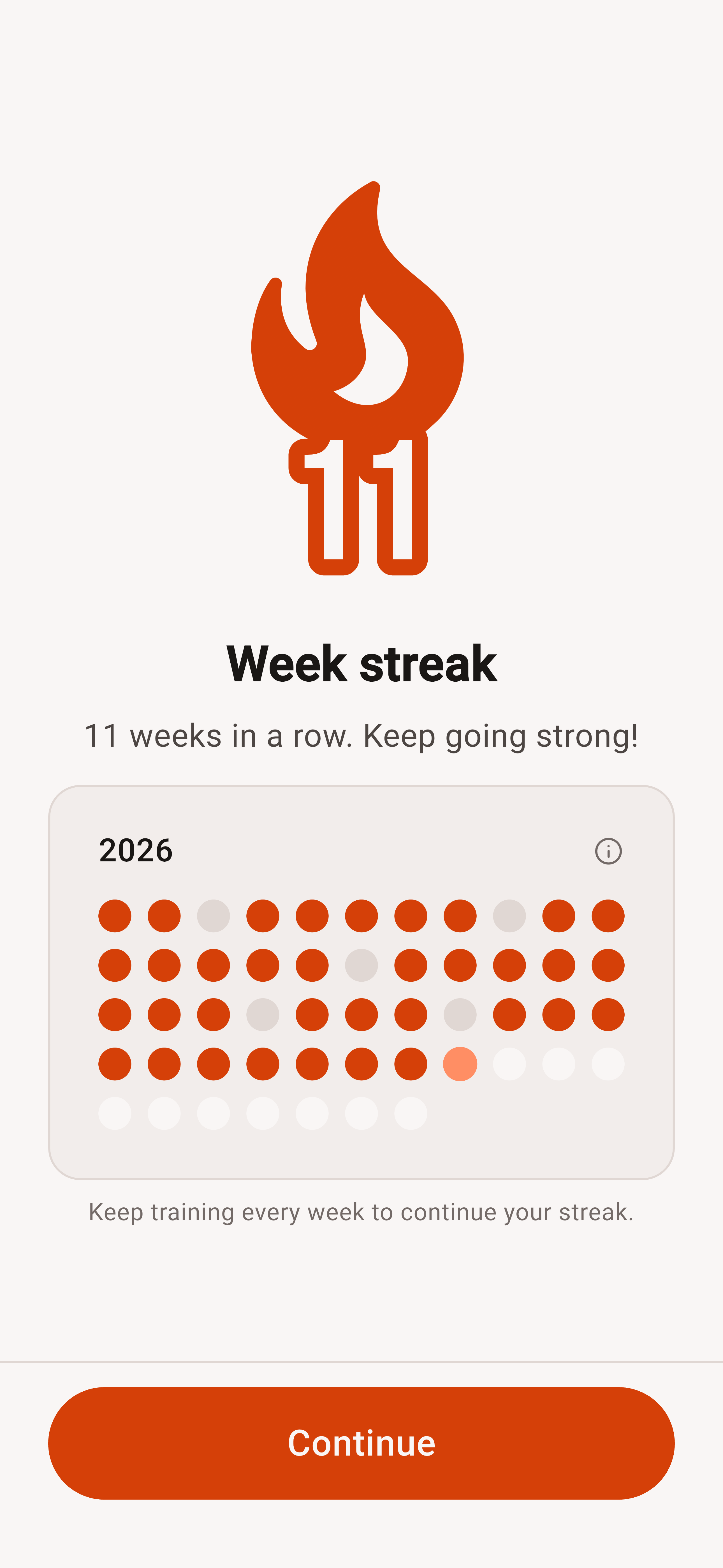 DIE RINGE app: eleven-week training streak and workout history
